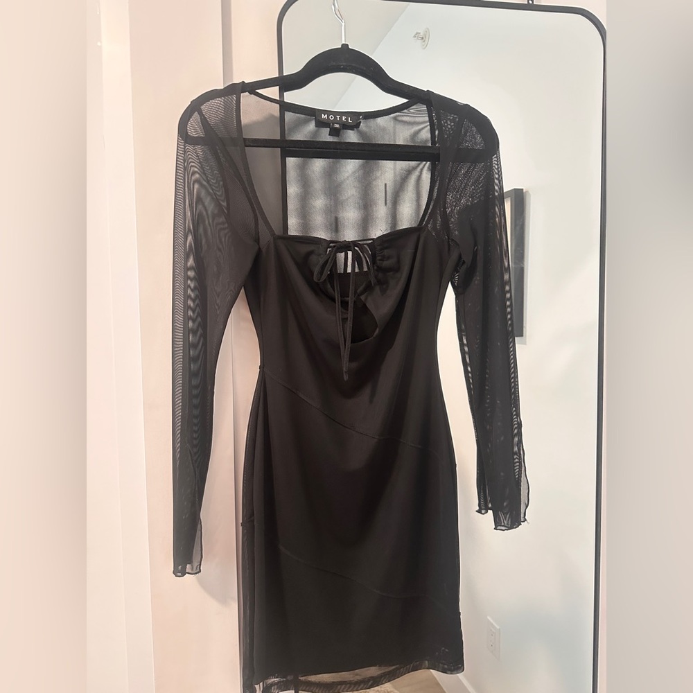 Motel Rocks Black Sheer-Sleeve Tie-Front Mini Dress
